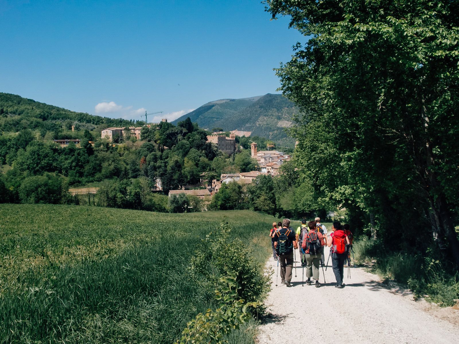 Gruppo di escursionisti a piedi con bastoni da trekking diretti verso Caldarola, slow tourism, Monti Sibilini, Marche